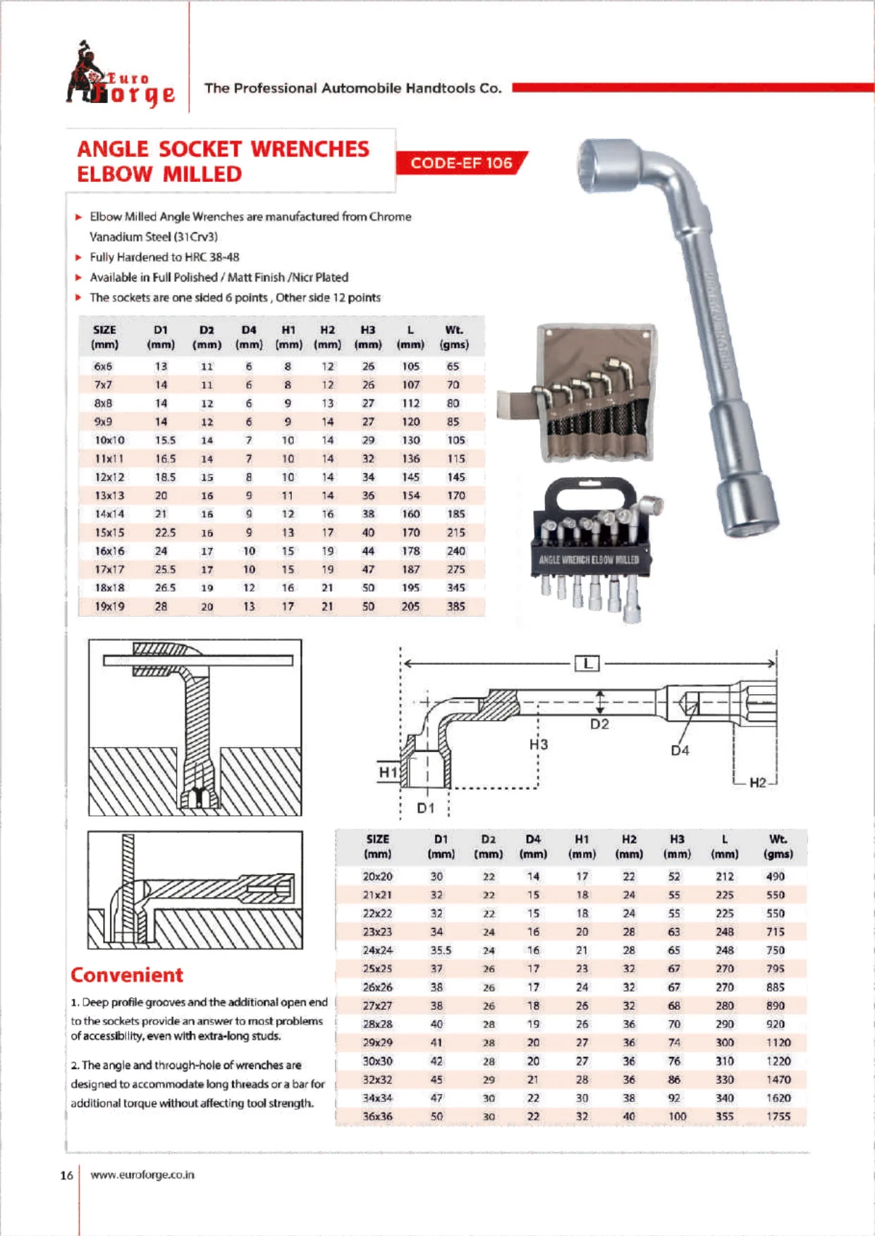 Catalogue page for EF 106 Angle Socket Wrench - Elbow Milled