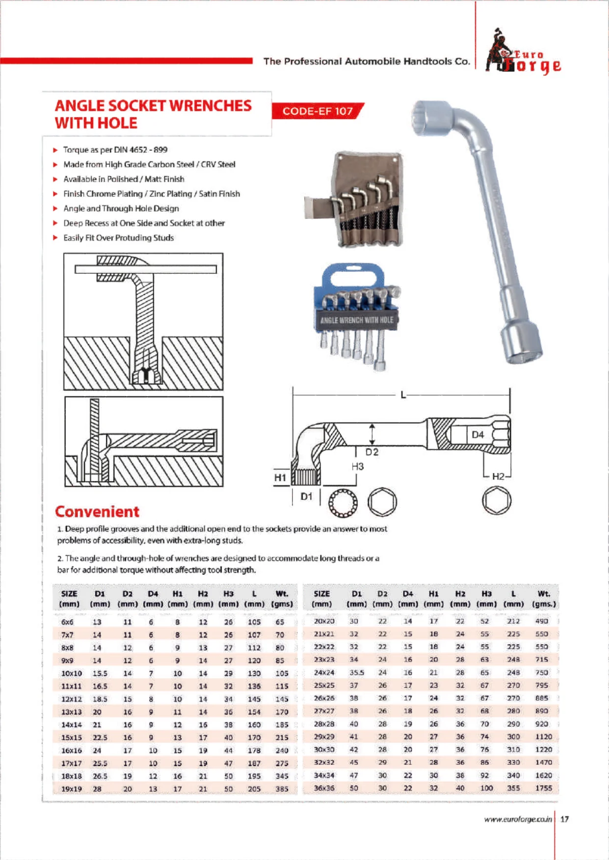 Catalogue page for EF 107 Angle Socket Wrench With Hole
