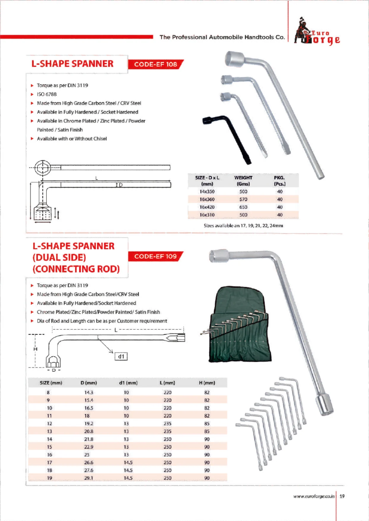 Catalogue page for EF 108 L-Shape Spanner