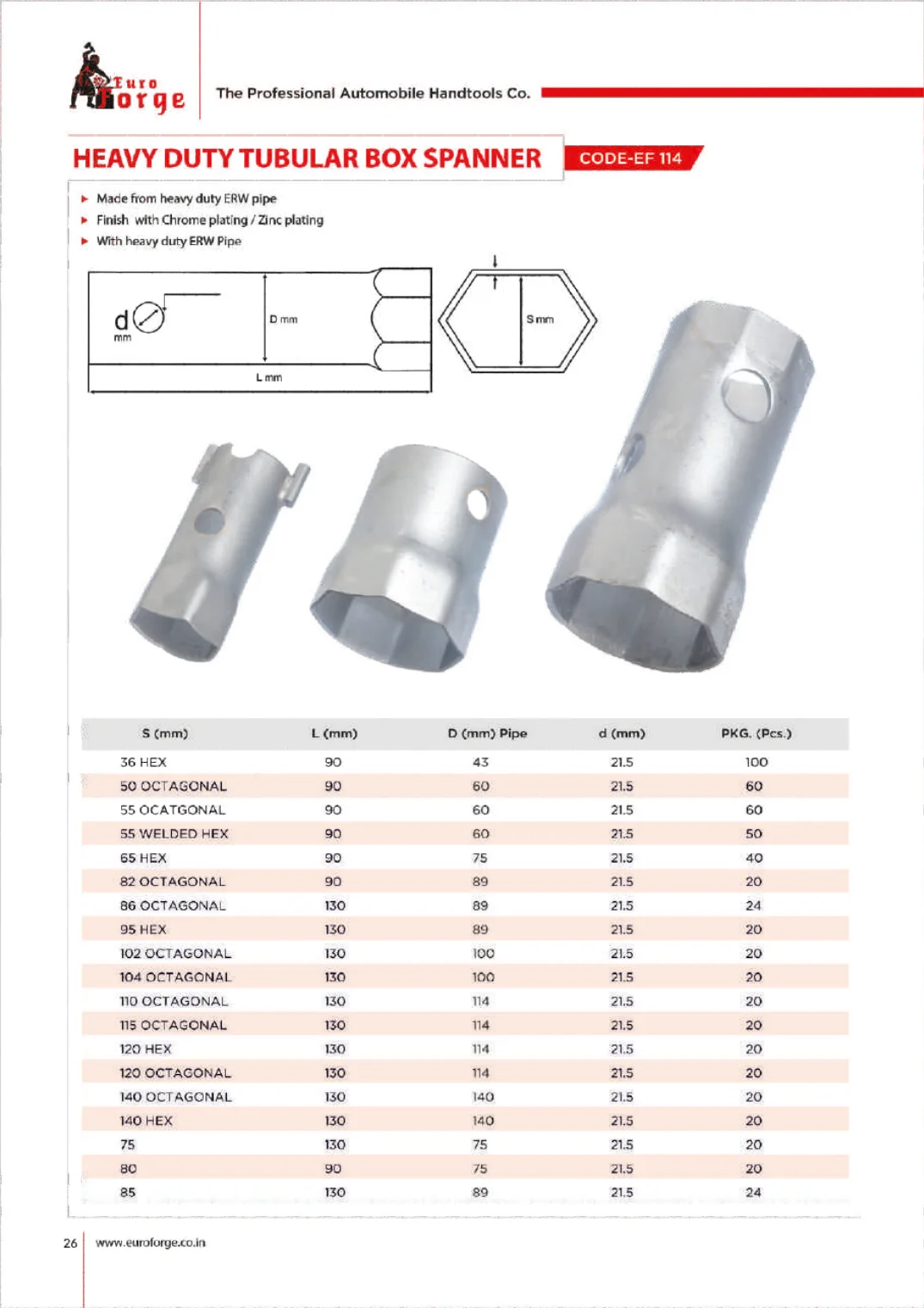 Catalogue page for EF 114 Heavy Duty Tubular Box Spanner