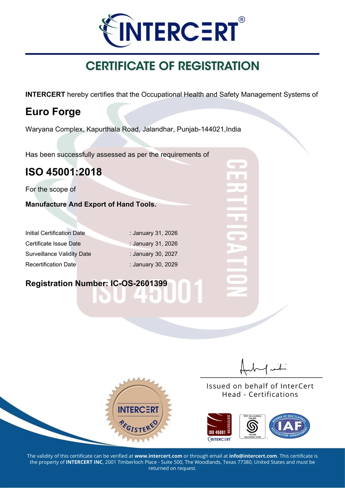 ISO 45001 certificate